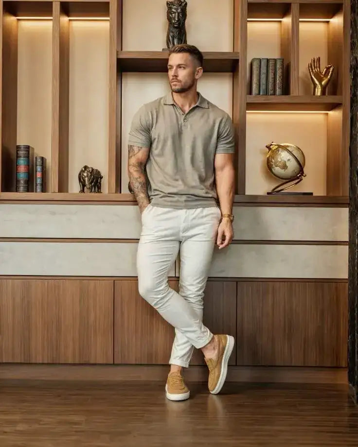 A man wearing a fitted olive green polo shirt with short sleeves and a collar, paired with light beige chinos and tan slip-on sneakers.