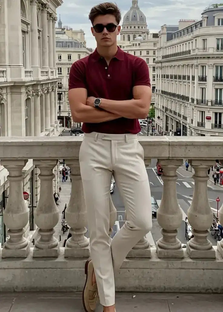 Maroon short-sleeved polo shirt with a classic collar and button placket