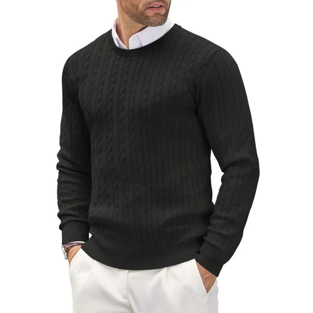 Men’s Cable Knit Crewneck Sweater – Old Money Classic - Black / S - Men’s Sweater