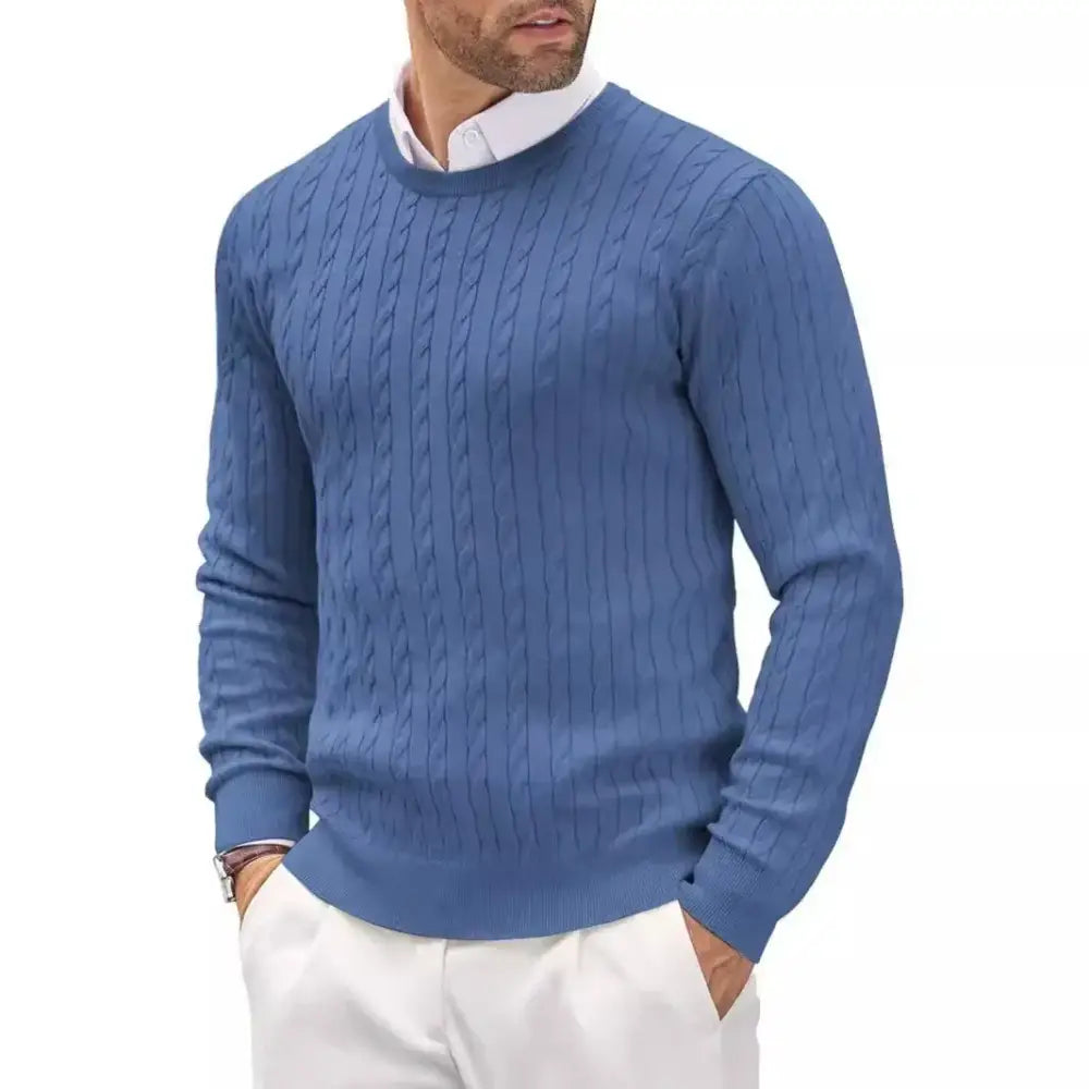 Men’s Cable Knit Crewneck Sweater – Old Money Classic - Blue / S - Men’s Sweater