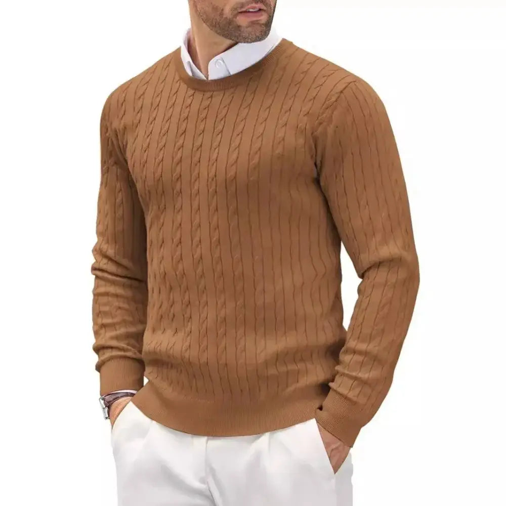 Men’s Cable Knit Crewneck Sweater – Old Money Classic - Brown / S - Men’s Sweater