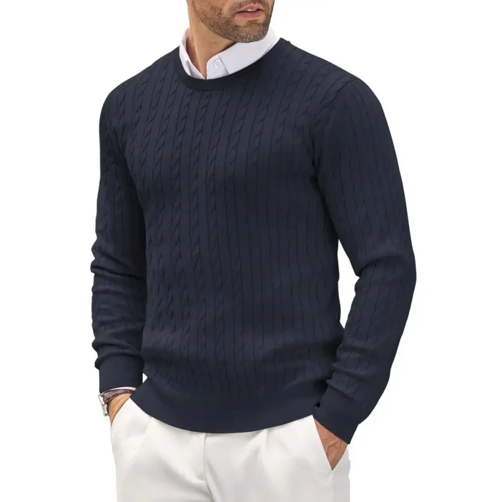 Men’s Cable Knit Crewneck Sweater – Old Money Classic - Navy Blue / S - Men’s Sweater