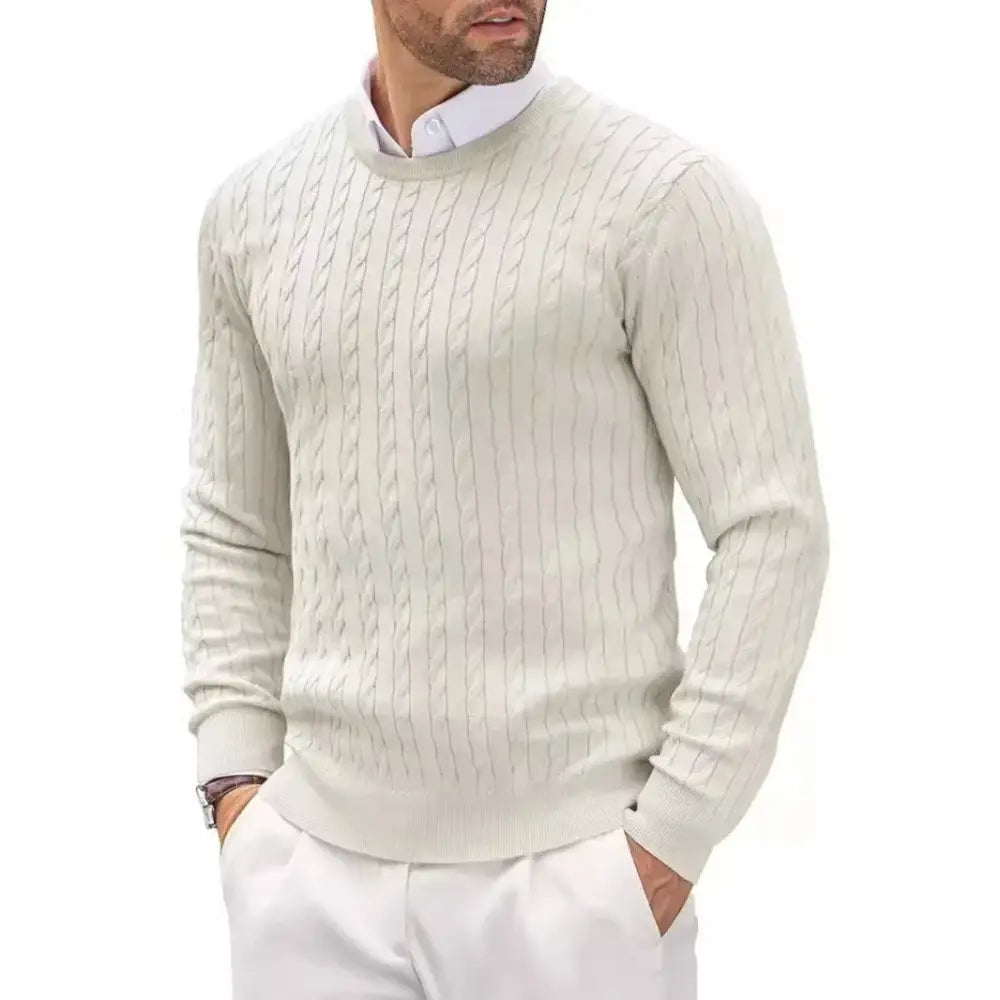 Men’s Cable Knit Crewneck Sweater – Old Money Classic - White / S - Men’s Sweater