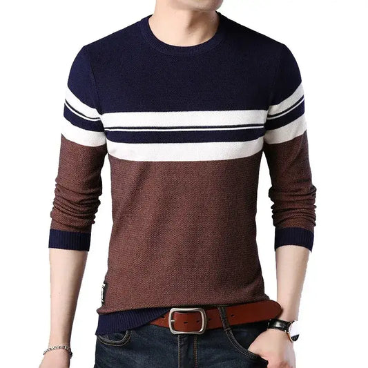 Men’s Dual-Tone Stripe Crewneck Sweater – Old Money Essential - Brown / S - Men’s Dual-Tone Stripe Crewneck Sweater –