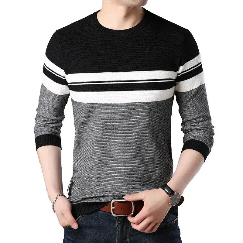 Men’s Dual-Tone Stripe Crewneck Sweater – Old Money Essential - Gray / S - Men’s Dual-Tone Stripe Crewneck Sweater –
