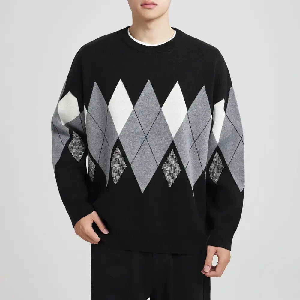 Men’s Heritage Diamond Knit Sweater – Old Money Classic - Black / S - Men’s Heritage Diamond Knit Sweater – Old Money