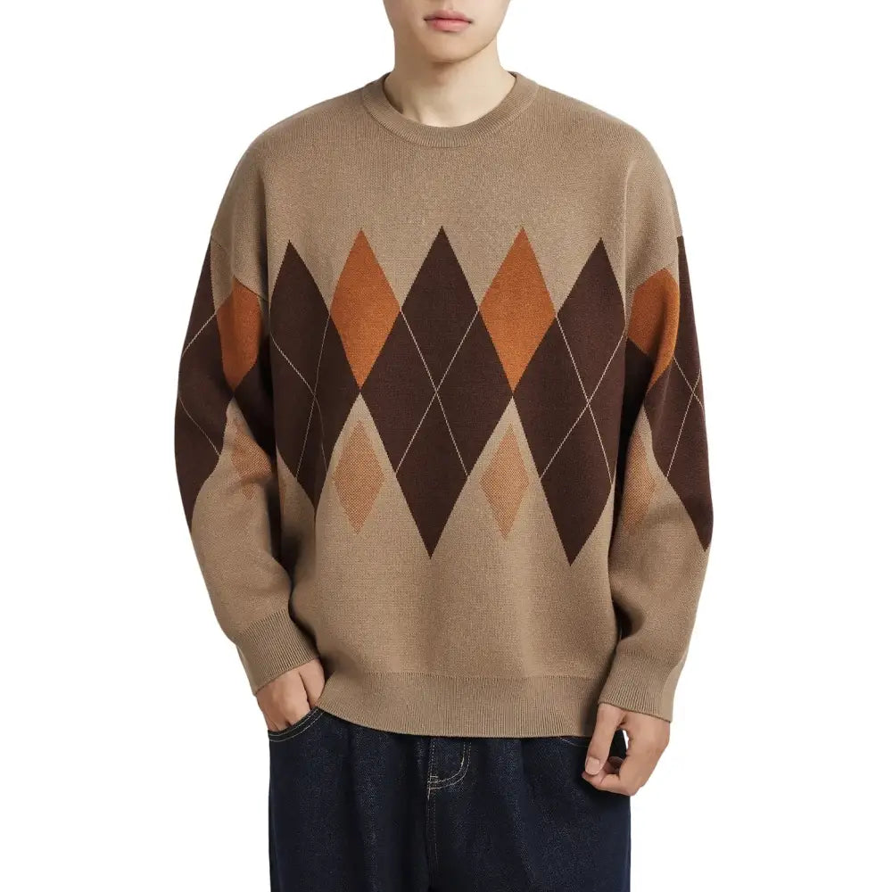 Men’s Heritage Diamond Knit Sweater – Old Money Classic - Brown / S - Men’s Heritage Diamond Knit Sweater – Old Money
