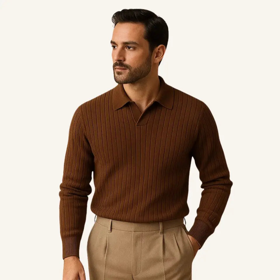 Men’s Long-Sleeve Ribbed Polo – Nazionale - Brown / S - Men’s Long-Sleeve Ribbed Polo – Nazionale