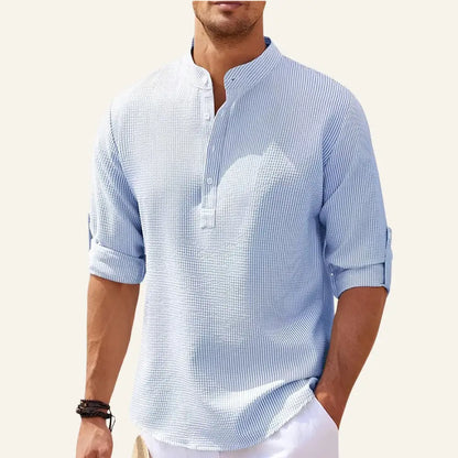 Men’s Striped Linen Shirt – Old Money Ascot - Blue / S - Men’s Striped Linen Shirt – Old Money Ascot