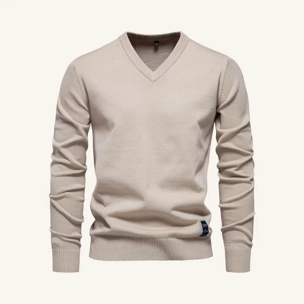 Men’s V-Neck Sweater – Pesson Lior - Beige / S - Men’s V-Neck Sweater – Pesson Lior