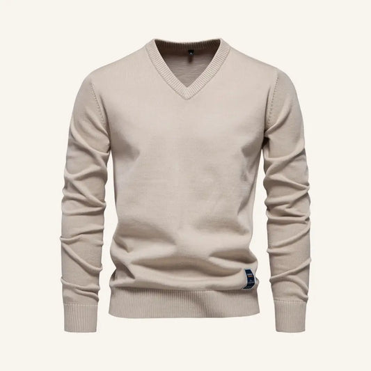 Men’s V-Neck Sweater – Pesson Lior - Beige / S - Men’s V-Neck Sweater – Pesson Lior