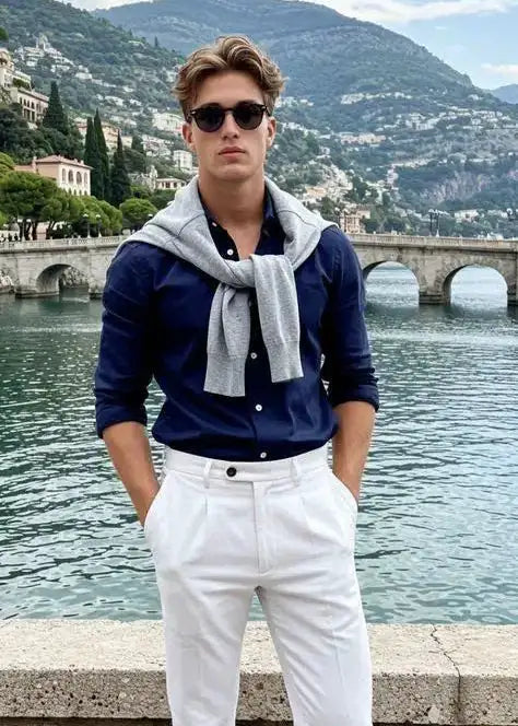 A navy blue button-up shirt with rolled sleeves worn over a light gray scarf.