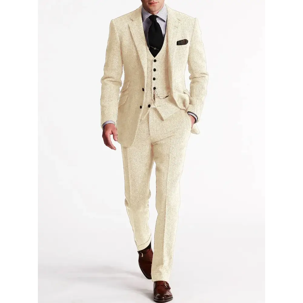Windsor Heritage Three-Piece Wool Suit - Beige / S - Men’s Three-Piece Suit